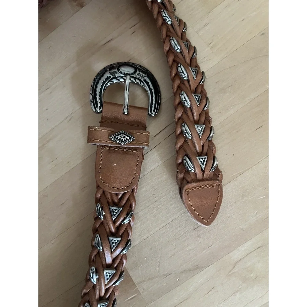 OMEGA Vtg Brown Braided Leather Western Concho Belt Silver Tone Buckle 32 Small - Picture 4 of 9